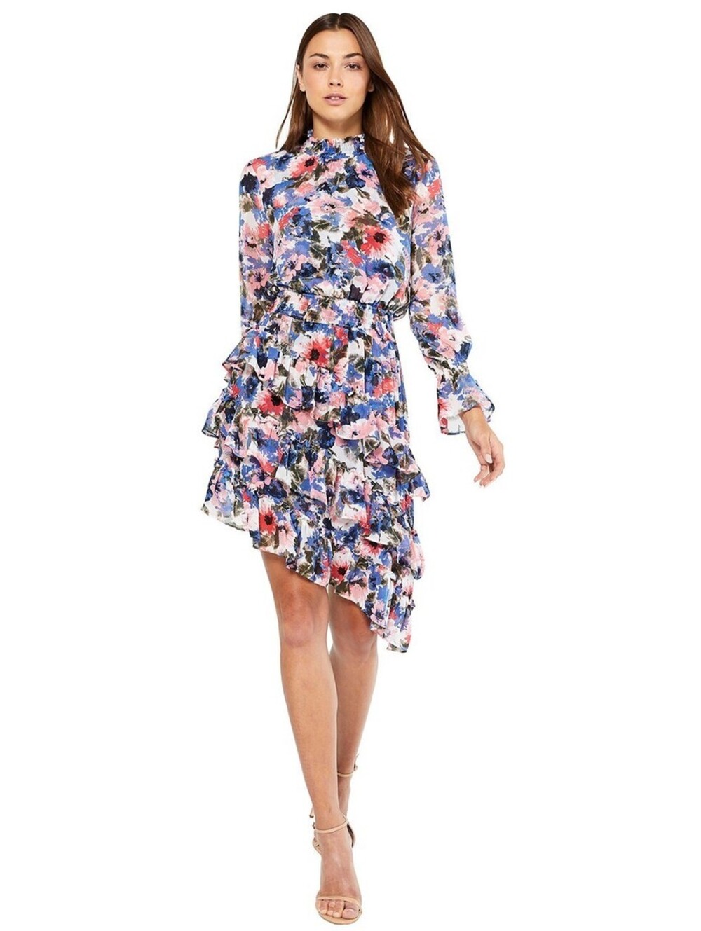 MISA Los Angeles Savanna Long Sleeve Asymmetrical Ruffle Dress Floral Size Small